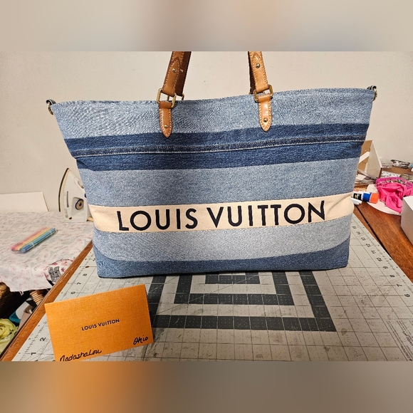❌️Sold❌️Repurposed Upcycled XL Denim Tote bag made with authentic LV straps etc. - Picture 2 of 15